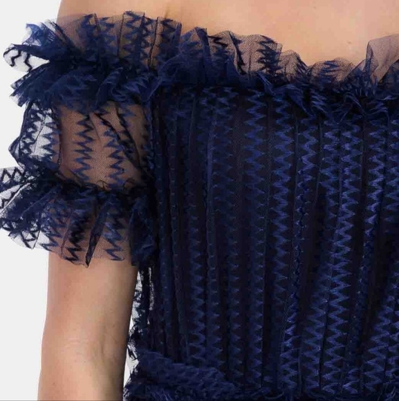 Off Shoulder Ruffle Detailed Pleated Mesh Sheer See Through Navy Blue Tunic - Picture 4 of 8